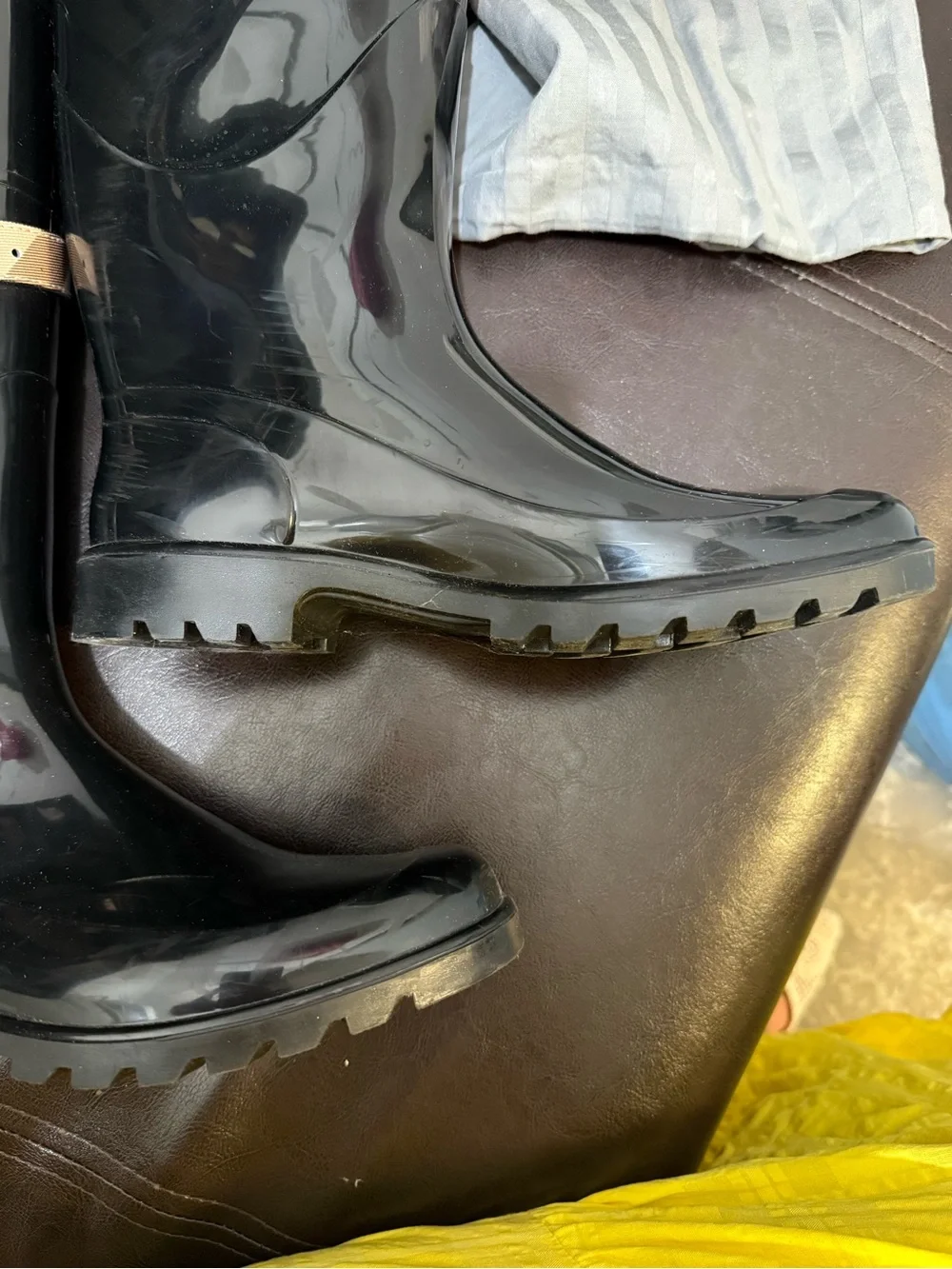Authentic Burberry Black Rain Boots with Plaid Strap